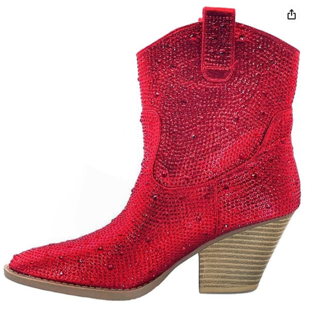 New Women Red Rhinestone Blingy Cowboy Western Ankle Boots Booties